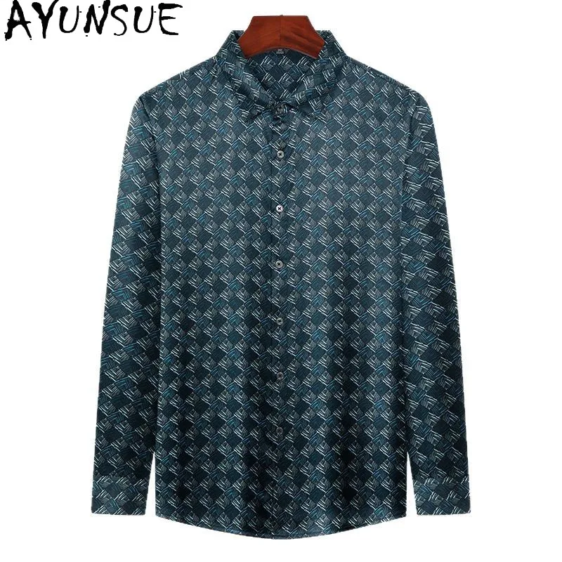 AYUNSUE 93% Real Mulberry Silk Shirt Men 2026 Spring Summer Fashion Printed Tops Casual Long Sleeve Shirts Man Chemise Homme