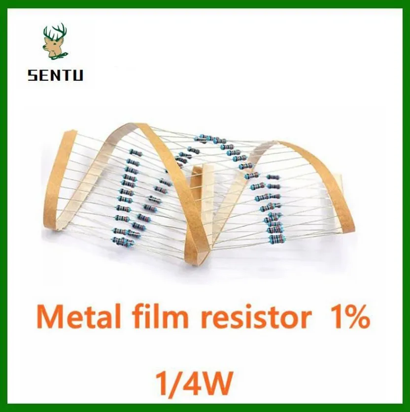 Componentes do resistor do filme de metal, anel da cor, 1%, 0.25W, 0R, 0.1R, 10R, 100R, 1K, 10K, 100K, 1M, 4.7R, 47R, 470R, 4.7K, 47K, 100 PCes, 1 W, 4W, 1%