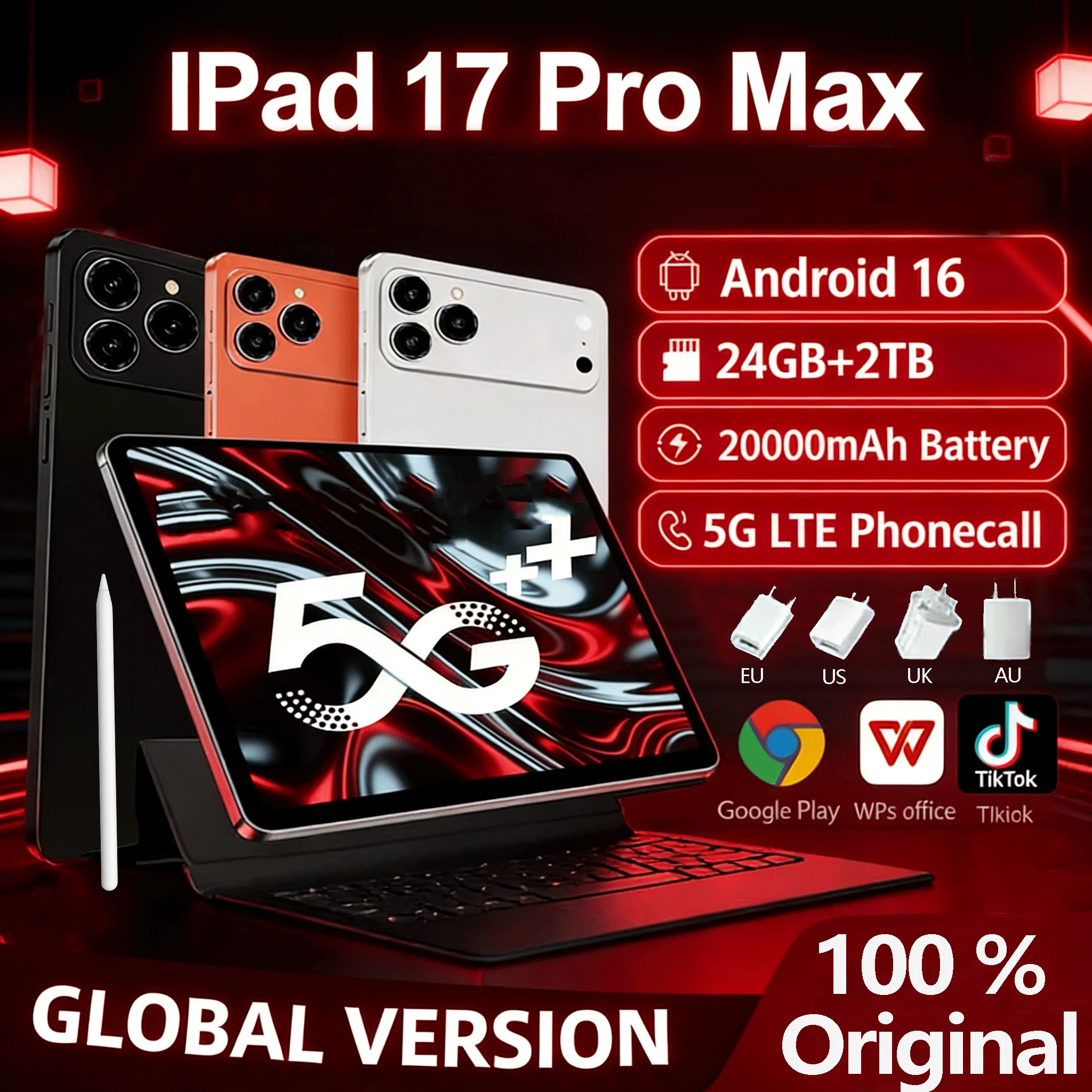 Tablet PC iPad 17 Pro Max Versión Global 2026, 11 Pulgadas, 24GB, 2TB, Android 16, 8gen3, 5G, Doble SIM, Llamadas, WIFI, 20000mAh, Tableta Mini PC