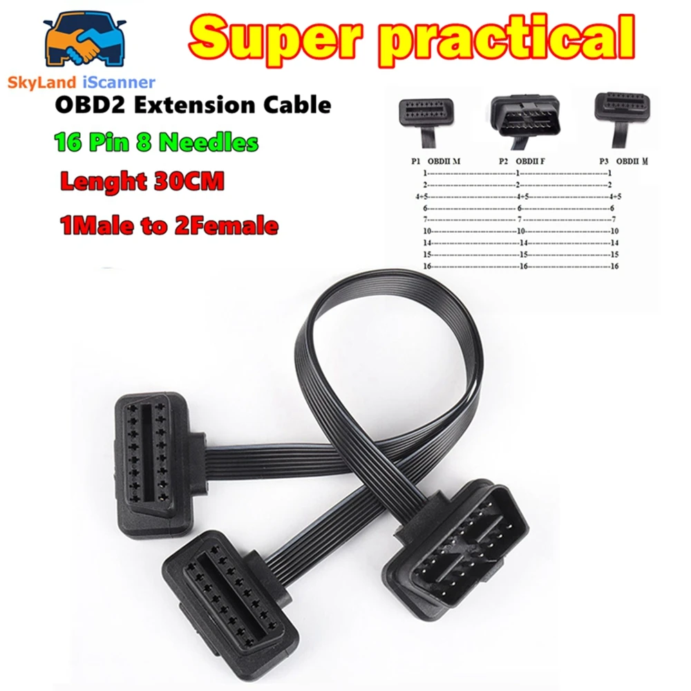 Easy to use Flat 16Pin OBD 2 Extender OBD2 16 Pin ELM327 Male To Dual Female Y Splitter Elbow OBDII Extension Connector Cable