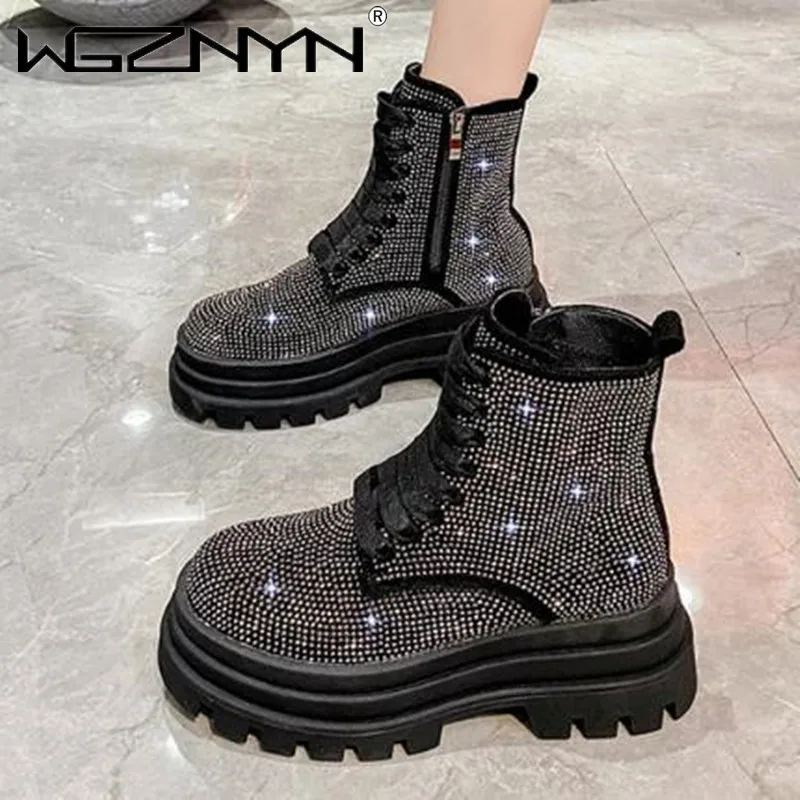 Buty damskie z okrągłym noskiem buty kryształowe Lolita botki-moda damska Rhinestone Rock 2023 kostki gumowe buty zimowe jesienne Med