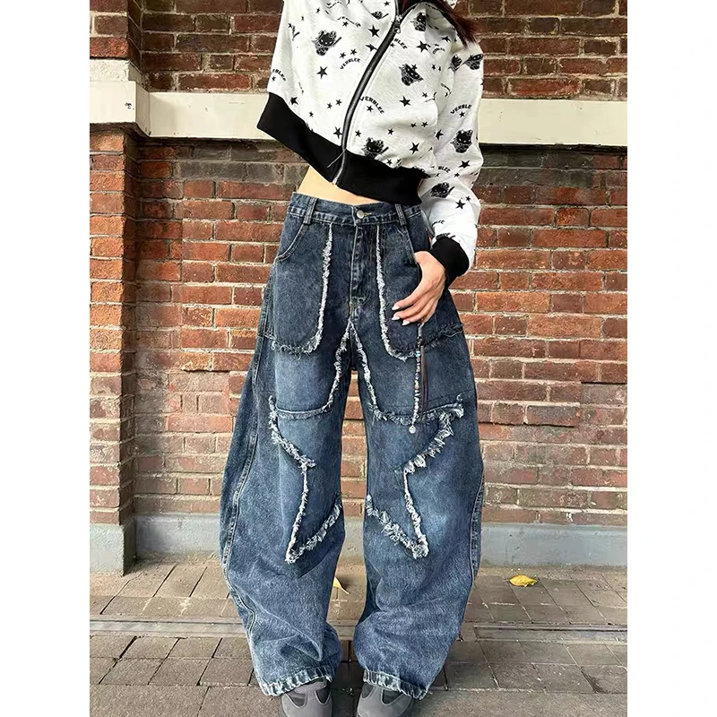 

YIBASHU женские темно-синие Y2k мешковатые джинсы со звездами Harajuku винтажные джинсовые брюки японский стиль 2000-х годов большие джинсы-бойфренды брюки