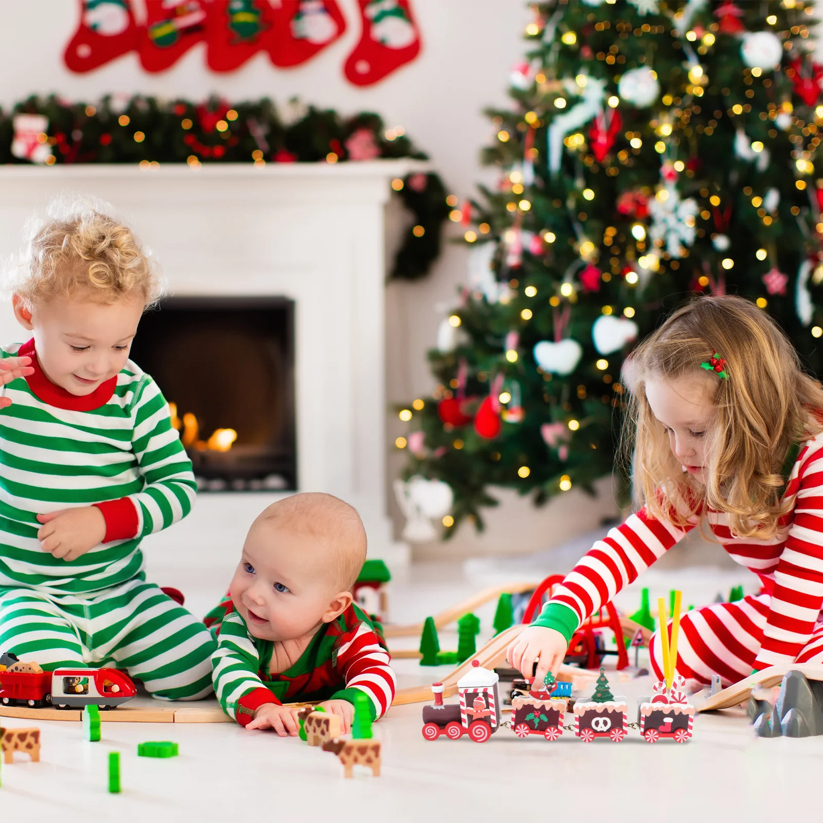 2-teilige Mini-Züge aus Holz, Weihnachtsdekoration, Weihnachtsthema, Desktop-Dekoration für Party, Kinder, Familie, Geschenk, Züge, Desktop