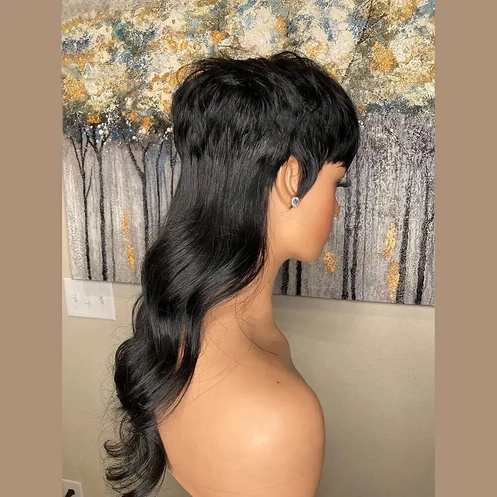 Short Black Synthetic Pixie Cut Wigs With Long Dovetail Body Water Wave Wolf Cut Wigs Straight Wig With Bangs For Black Women