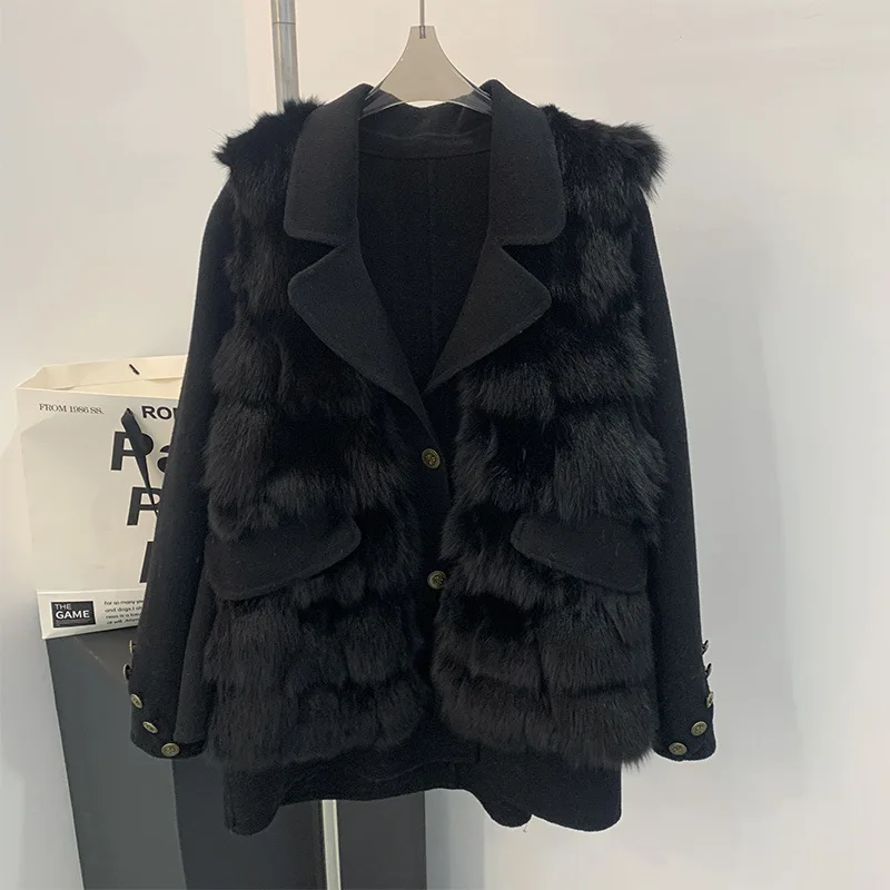 2024 New Real fur,New  Top Quality 100% Real Fox Fur Gilet And Wool Coat Two Pieces Set For Women Winter Thick Warm Woolen natur