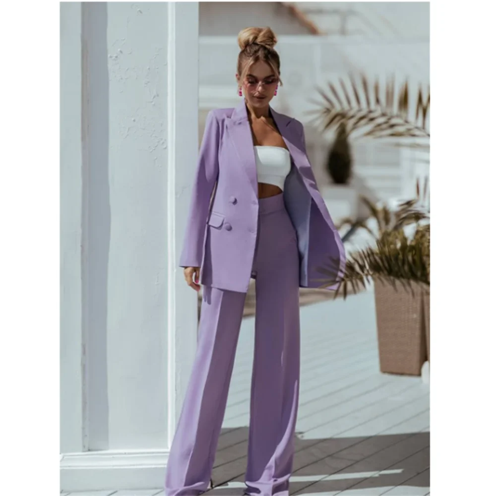 Fashion Chic Purple Suits for Women Notch Lapel 2 Piece Jacket Pants Female Clothing Slim Fit Formal Office Lady Blazer Sets