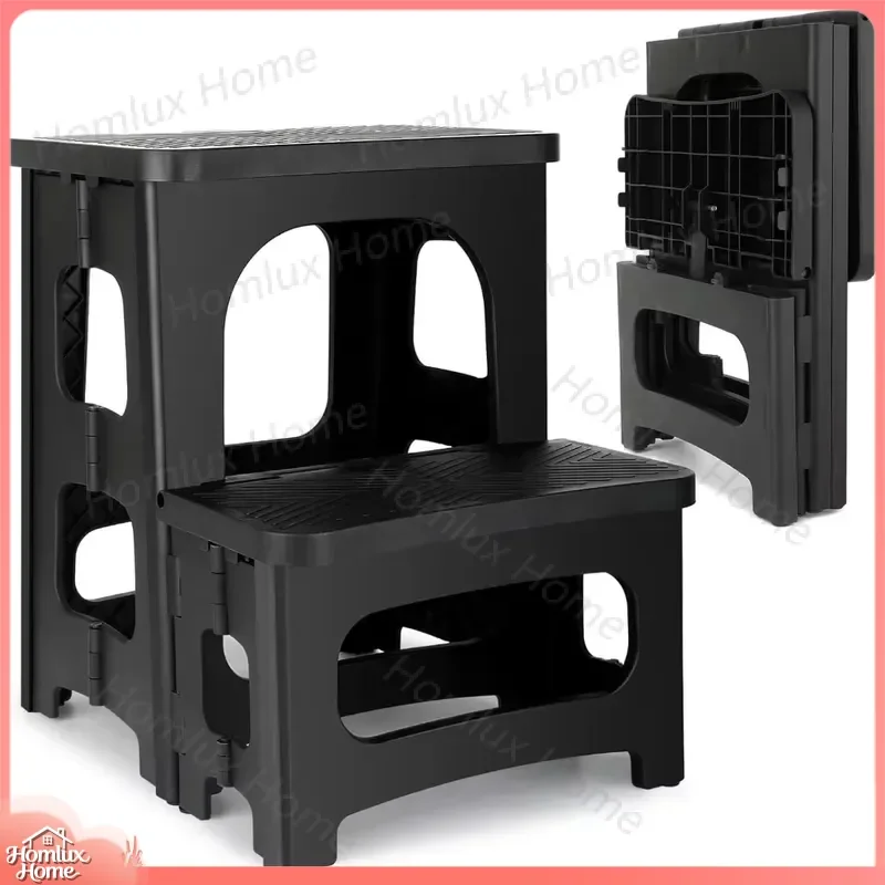 Durable Folding Two-Step Stool Anti-Slip Portable Footstool with 8 inch and 17 inch Adjustable Heights for Home Bathroom