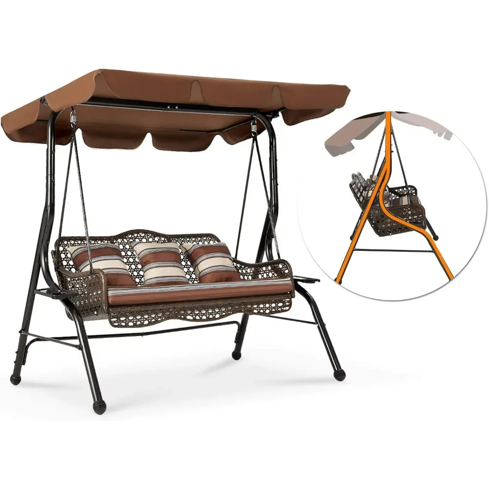 

3-Seat Proch Swing Chair, Patio Swings with Canopy, 2 Side Trays, 3 Pillows & Removable Cushion, Patio Wicker Swing