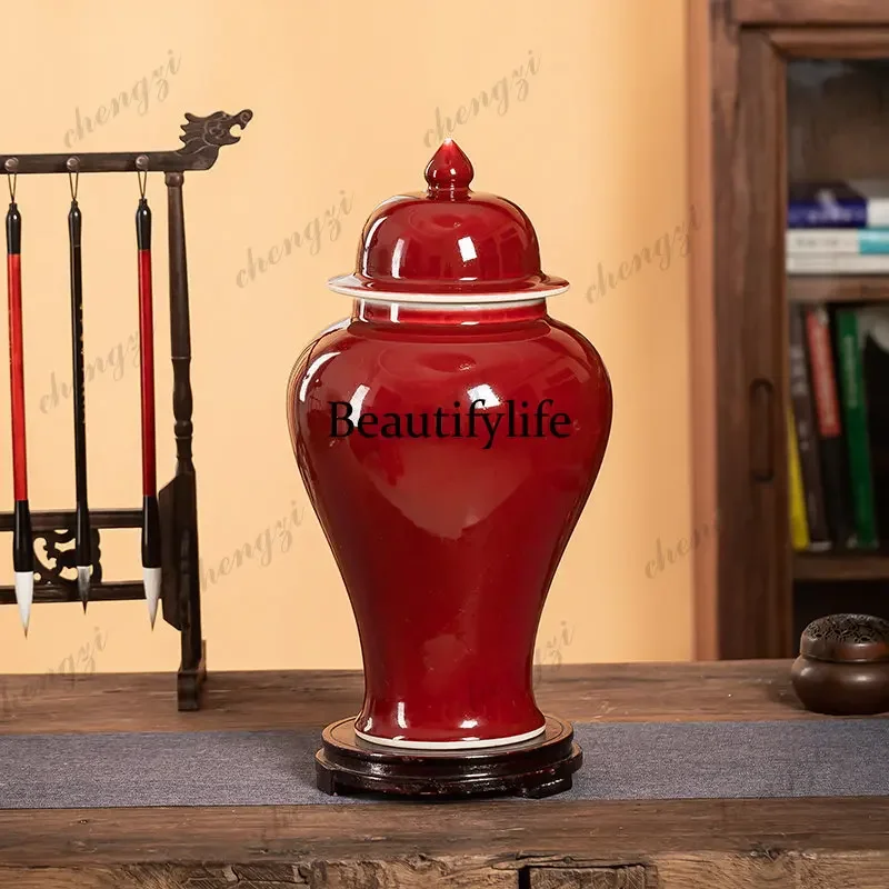 B567 Antique general tank storage living room with lid ceramics Jingdezhen light luxury lang red Chinese ornament home vase