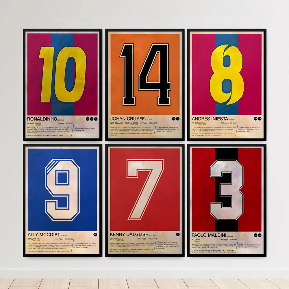 Retro Famous Football Player Jersey Numbers Poster Picture Canvas Painting Soccer Sport Wall Art Home Decor Print Living Room