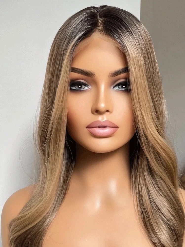 

Dark Ash Blonde Synthetic Lace Frontal Wig Rooted Wig With Blonde Highlights Natural Looking Wigs For Women Daily Party Use