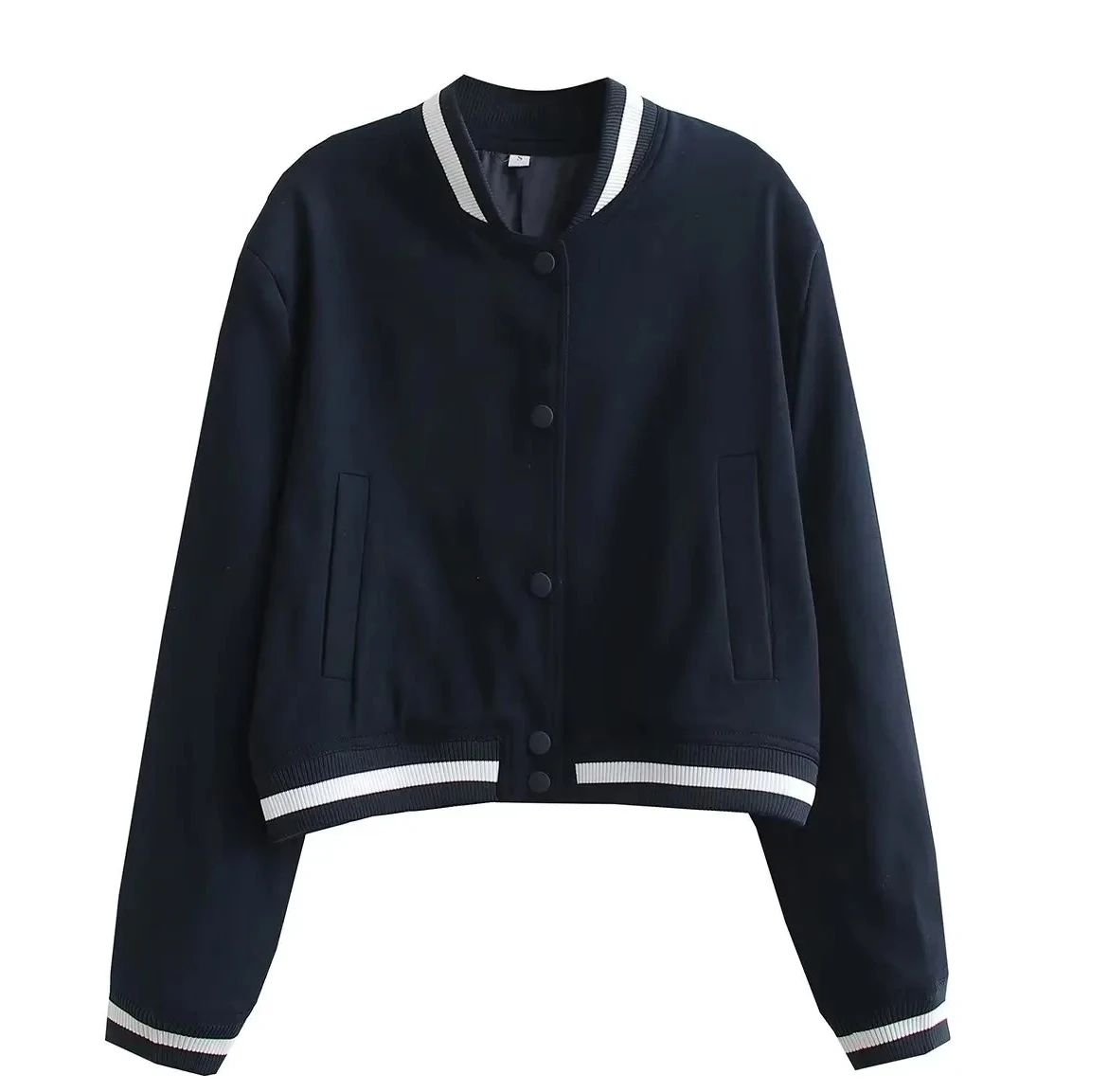 

Fashion Women Bomber Jacket Autumn Stand Collar Long Sleeve Outerwear Lady Pockets Design Single-breasted Coat