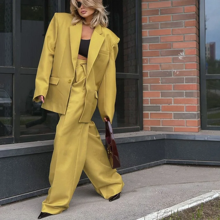 

Faionable Long Sve Lapel Loose Outerwear High Waist Wide Leg Pants Two Piece Set Autumn Winter New Sle Women's Suit