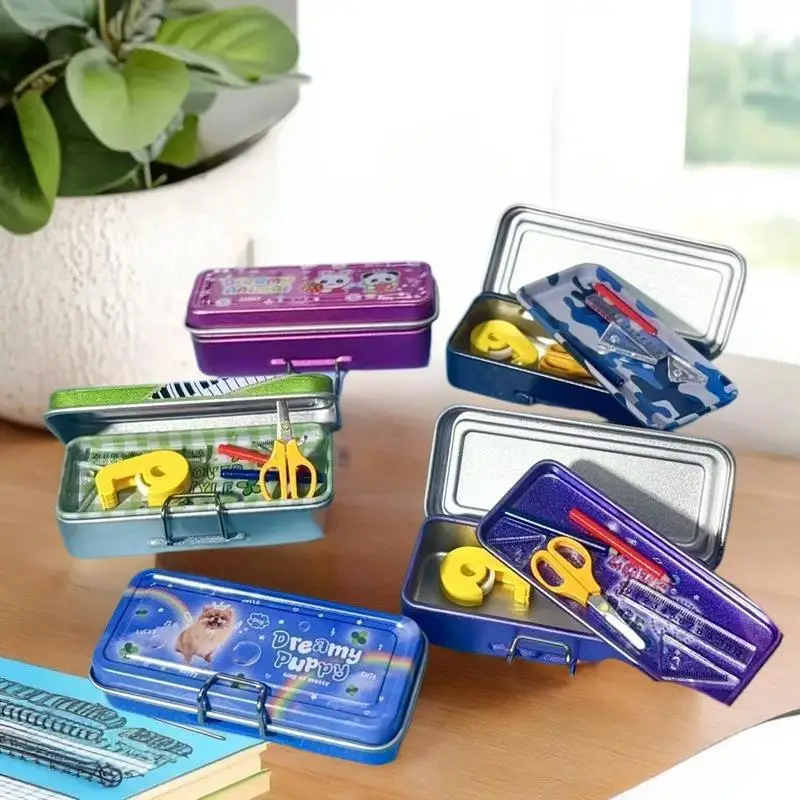 

Dollhouse Miniature Double Layer Iron Pencil Box Pen Ruler Measuring Tape Scissors Model Micro Landscape Decor Pretend Play Toy