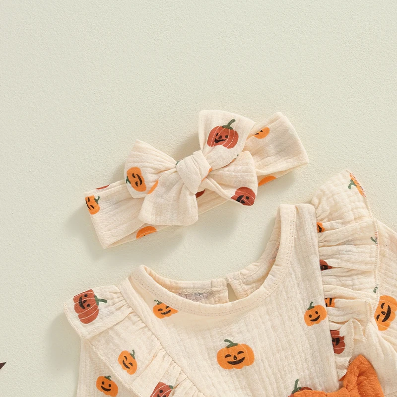 Suefunskry Baby Girl 2Pcs Fall Outfits Ruffle Long Sleeve Pumpkin Print Jumpsuit with Headband Set Newborn Clothes