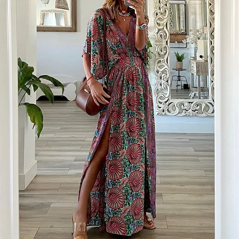 Robe longue à manches mi-longues pour femmes, style bohème, imprimé floral, col en V, taille haute, fente latérale, vacances, printemps, nouveau, 2025