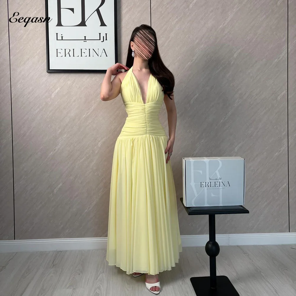 Eeqasn Customized Sexy Yellow Chiffon Pleat A-line Floor-Length Evening Dresses Corset Formal Sizes Available For Birthday