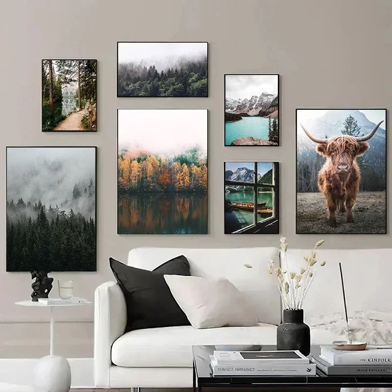 Nordic Natural Landscape Oil Painting Printing Poster Animal Cow Lake Snow Mountain Forest Wall Art Painting Home Decoration