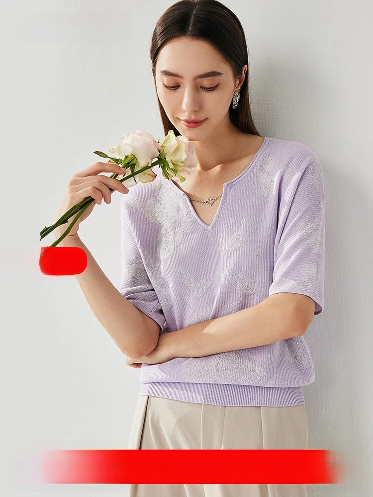 

Zhaojun Spring Summer New Sle Silk Knitted Top Women's V-Ne f Sve T-irt Glitter Embroidery Casual Loose Top