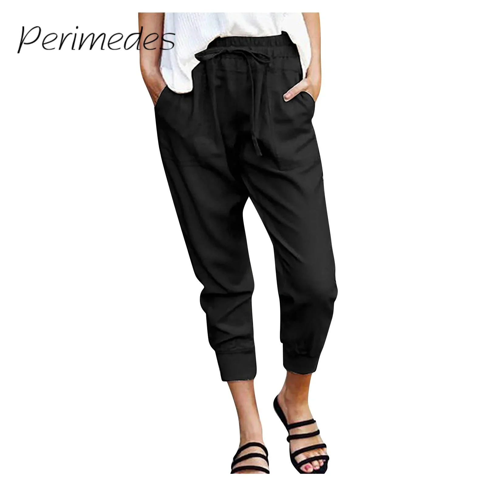 

2024 Summer Women'S Pencil Pants Casual High Waist Drawstring Leggings With Front Pockets Solid Color Casual Ninth Pants