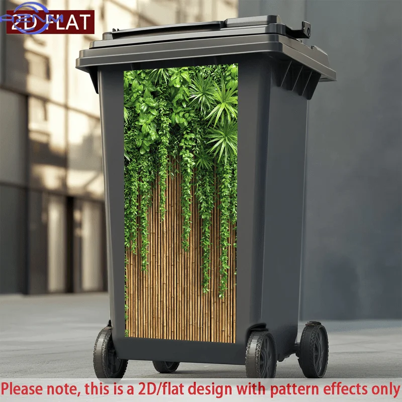 2D/FLAT-1pc Green Plants Bamboo Fence Pattern Trash Can Sticker Wall Sticker Self - Adhesive PVC Decorative Sticker Waterproof