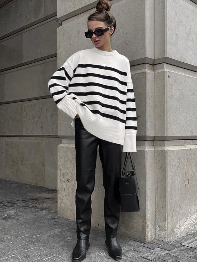 Women Stripe Knit Sweater Pullover Long Sleeve Knitted Tops O Neck Female Jumper Autumn Winter Streetwear White Baggy Sweaters