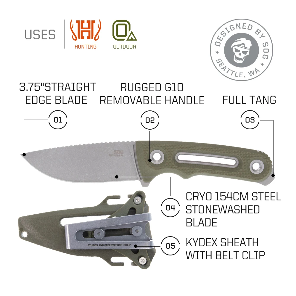 SOG Provider FX Fixed Blade Knife Portable Outdoor Survival Camping Fishing Hunting Knives /w Clip Self-defense Hand Tools Knife