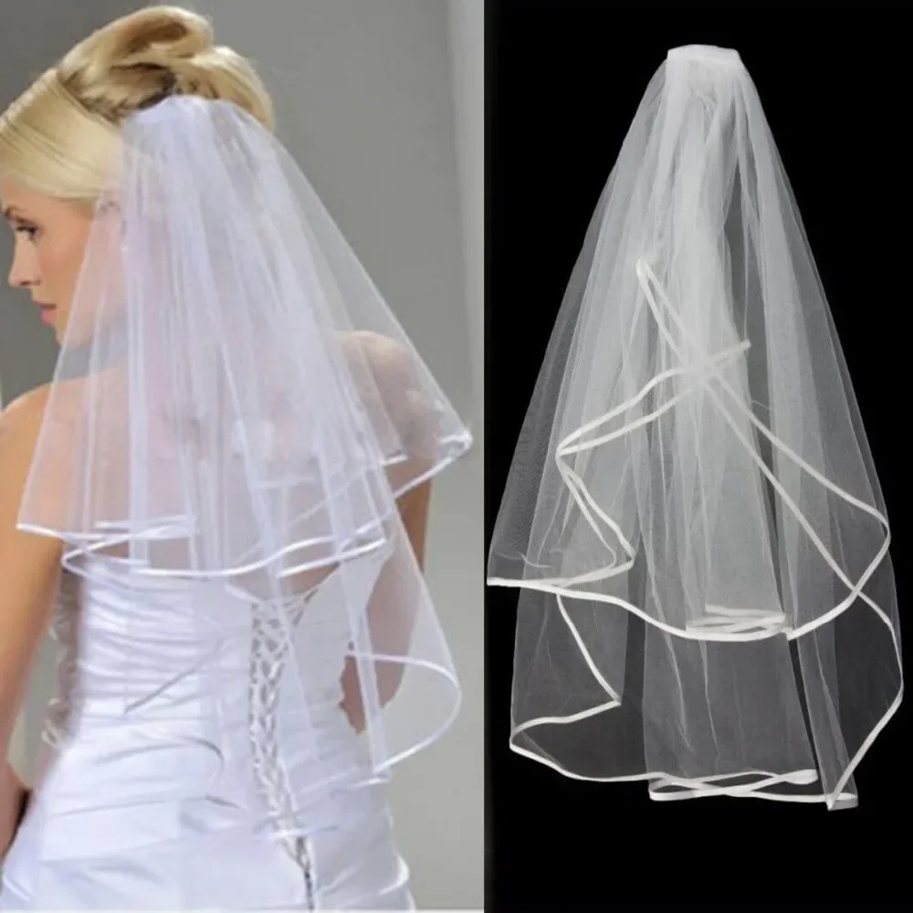 

Women Wedding Dress Veil Two Layers Tulle Ribbon Edge Bridal Veils Accessories