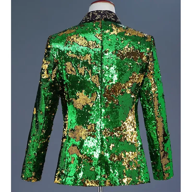 Men V Neck Suit Jacket Green Gold Embroidered Blazer Sparkling Sequin Wedding Party Coat Blue Red Formal Tuxedo Asian Size
