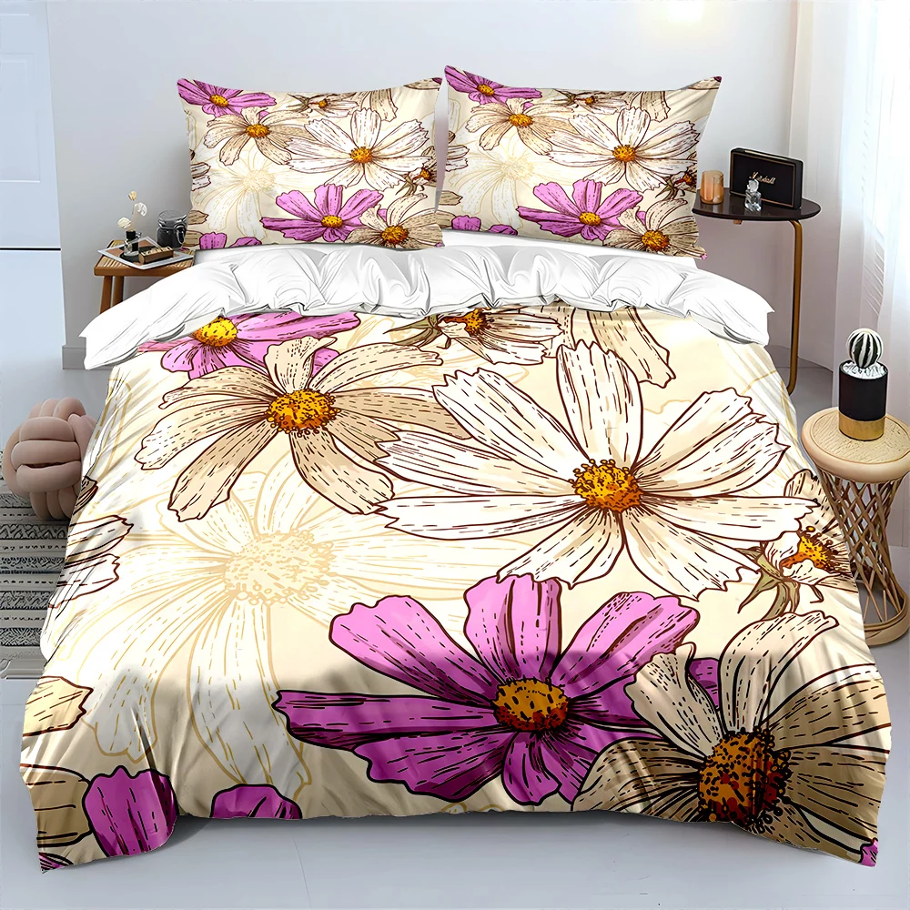 Hand-drawn pink and white floral Bedding Set for Kids Luxury Gift 3pcs Digital Print Comforter Set Soft Comfortable Breathable