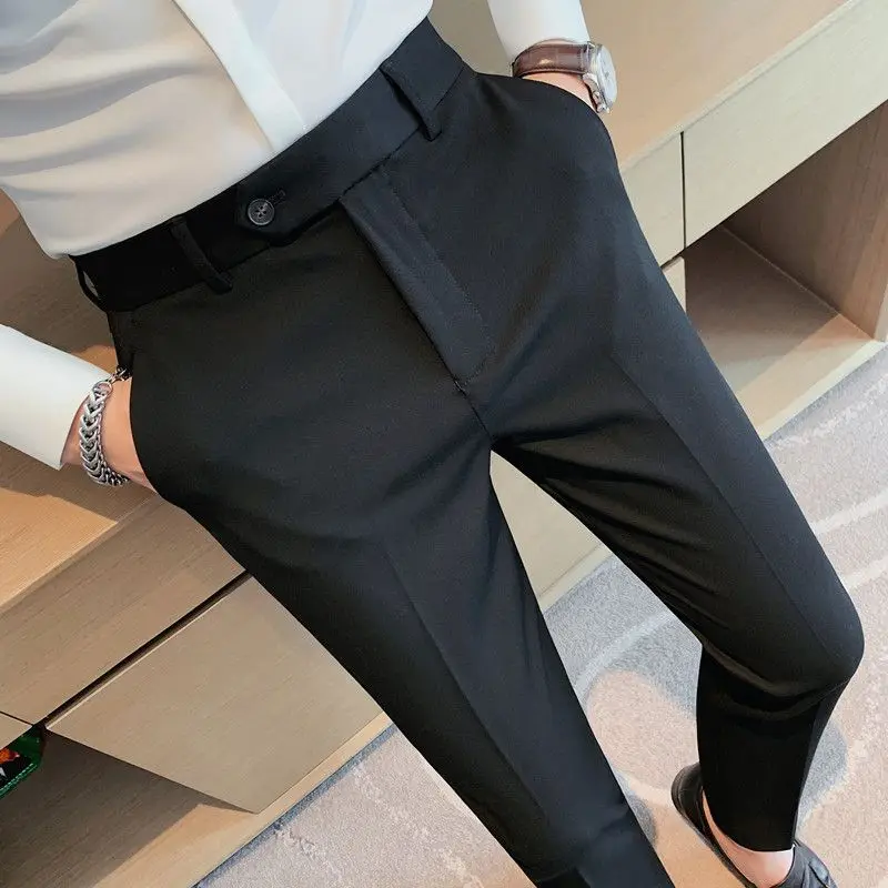 Slim Fit Men\'s Summer Pants Business Tressed Male Suit Trousers Social Tailoring 9 Cropped Black Designer Clothes 2024 Fashion