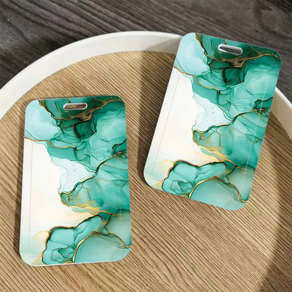 Colorful Marble Pattern Print ID Card Holder with Braided Leather Lanyard Bus Pass Work Badge Bank Card Protector Cover Keychain