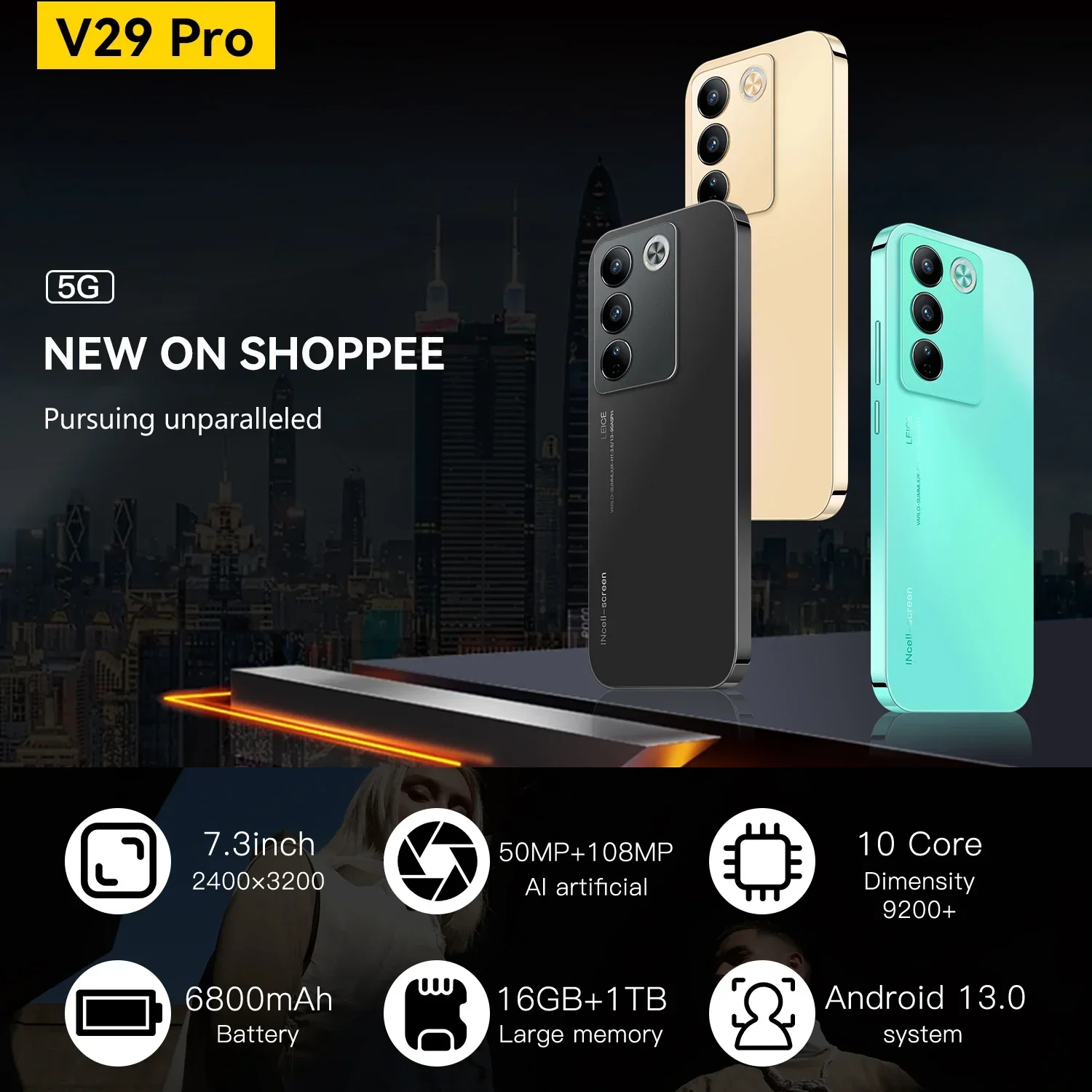 Global Version V29 Pro Smartphone 5G 7.3 Inch Scren Qualcomm 8 Gen 2 108MP Camera Cell Phones Android Phone Unlocked Celulares