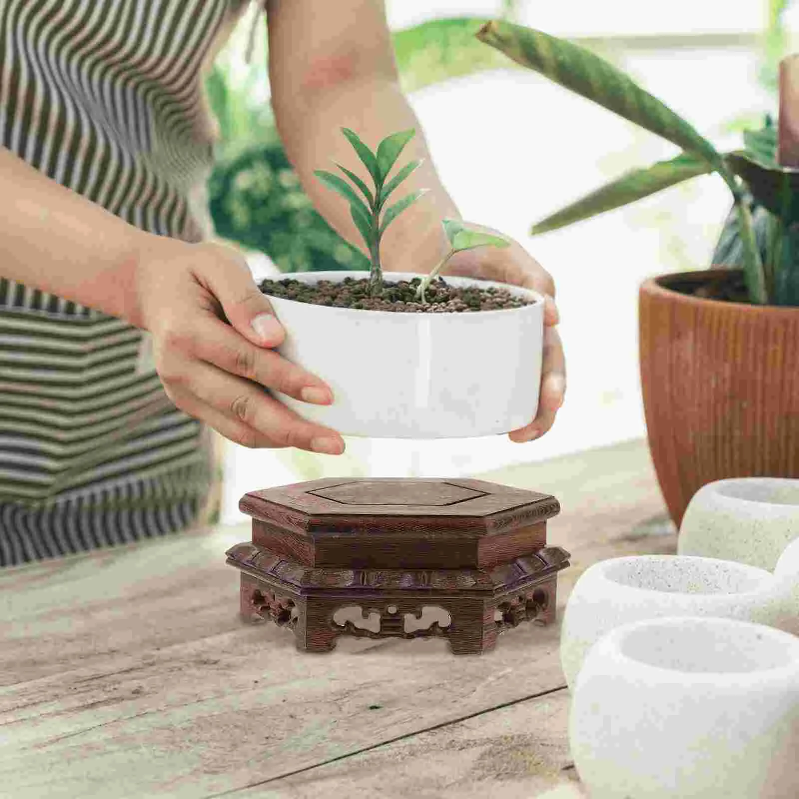 

Wood Hexagonal Planter Pedestal Wood Vase Stand Wood Fish Bowl Base Flower Pot Wood Riser wood plant stand