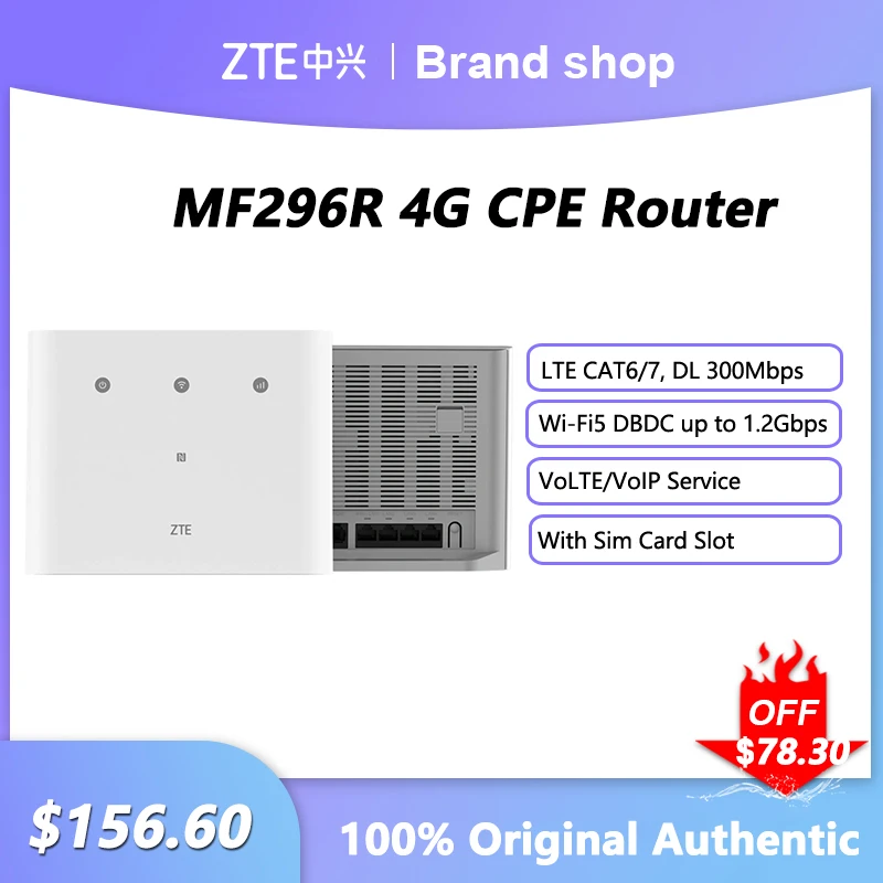 

ZTE MF296R 4G WiFi Router LTE CAT6/7 DL 300Mbps Routers Wi-Fi5 DBDC up to 1.2Gbps Wireless Signal Repeater With Sim Card Slot