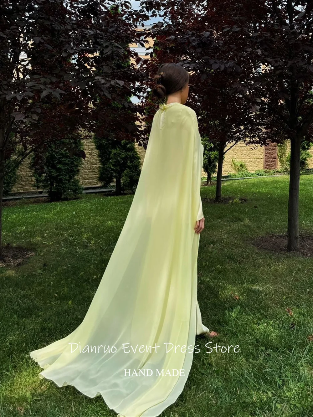 Dianruo 버터 옐로우 케이프 슬리브 이브닝 드레스 drapd 라운드 넥 파티 가운 우아한 쉬폰 vestidos formales 맞춤형