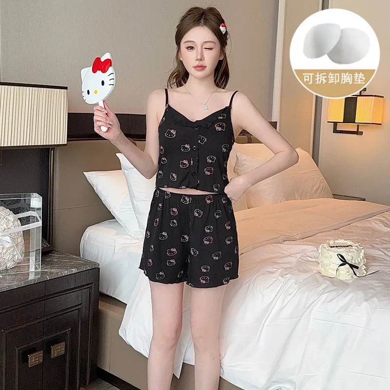 

Y2K anime Hello Kitty pajamas women's summer sexy with chest pad suspenders shorts loungewear two-piece set