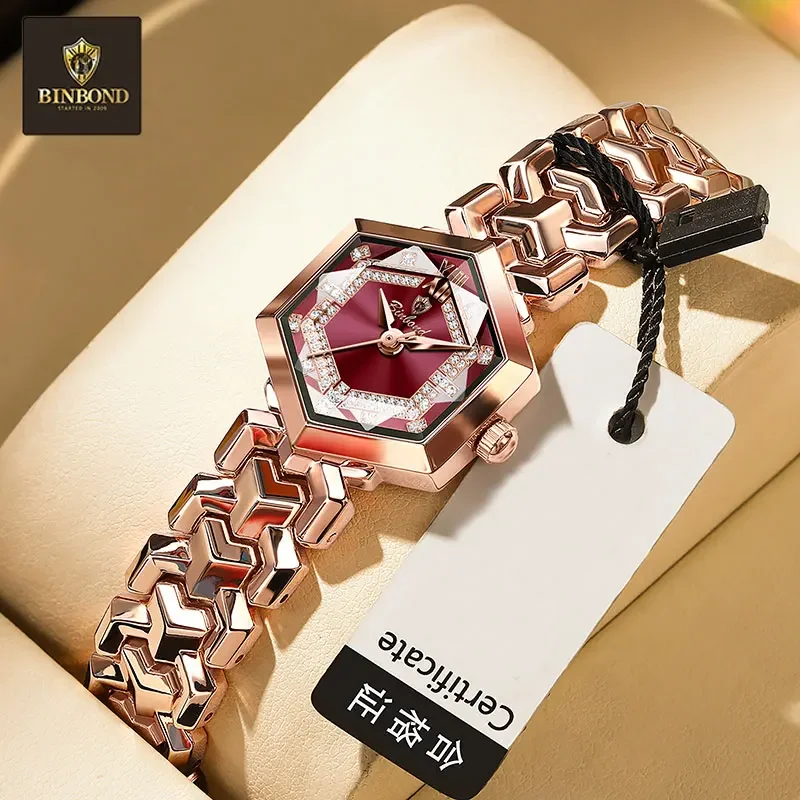 BINBOND Elegant Women's Watches Fashion Rhombus Mirror Ladies Wristwatch Waterproof Luminous Diamond Dial Original Quartz Watch