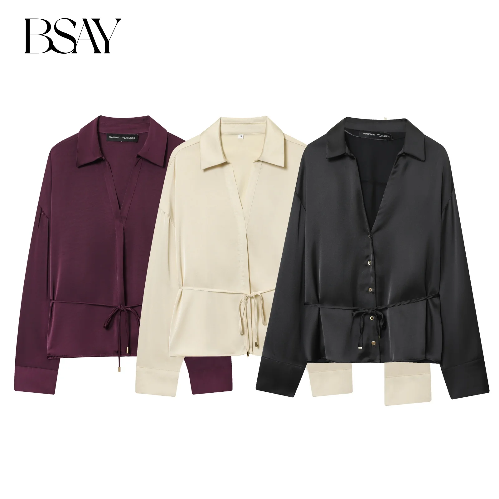 

BSAY satin shirt women's clothing 2025 autumn new bow waistband button long sleeved blouses chic office ladies tops mujer