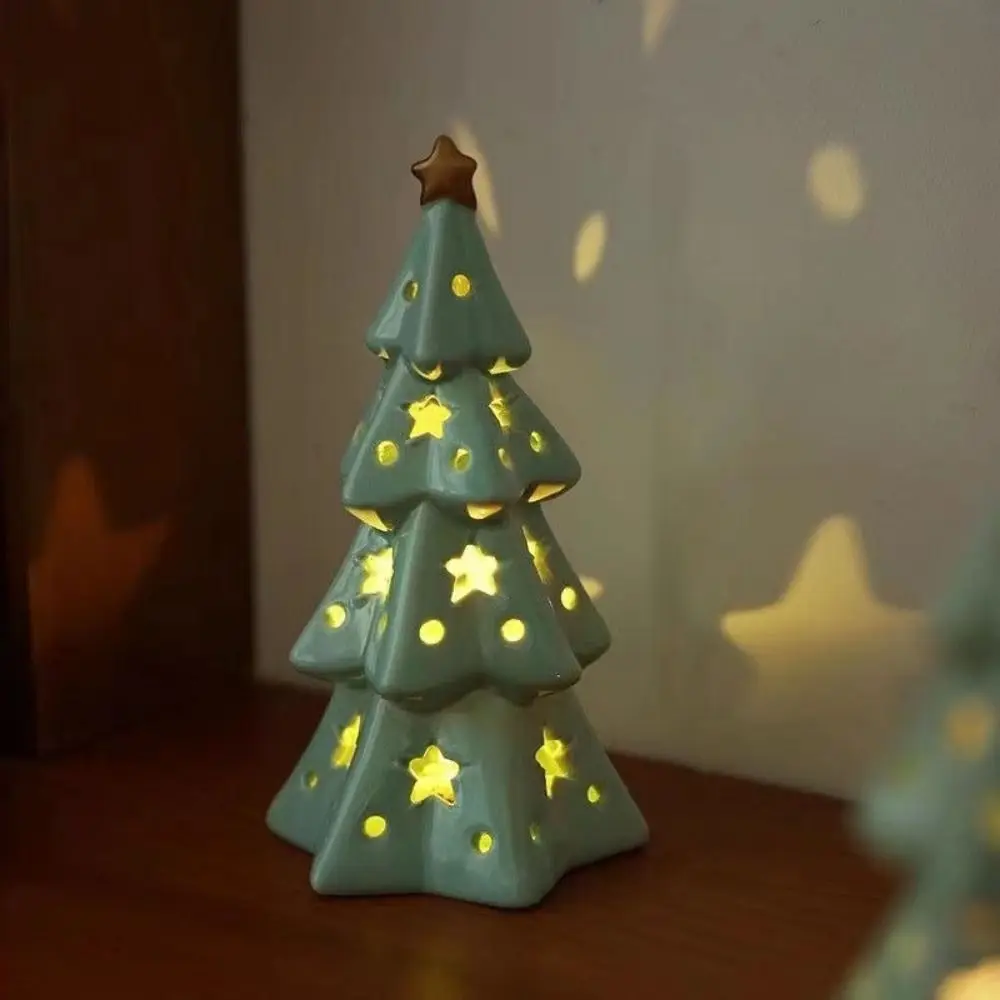 Stars Christmas Tree Figurine Bell Flameless Christmas Tree Night Lamp Ceramic Translucent Christmas Tree Ornaments Desktop