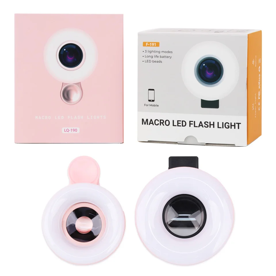 2 in 1 HD Macro Lens for Mobile Phone  Camera Lens With LED Ring Flash Light Lamp Fill Light For Eyelash Nail Makup Tools