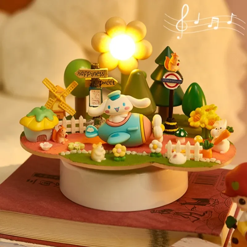 Sanrio Cinnamon Dog Rotating Music Box Cartoon Character Kuromi Ornaments Glowing Small Lanterns Kawaii Gifts for Girlfriends