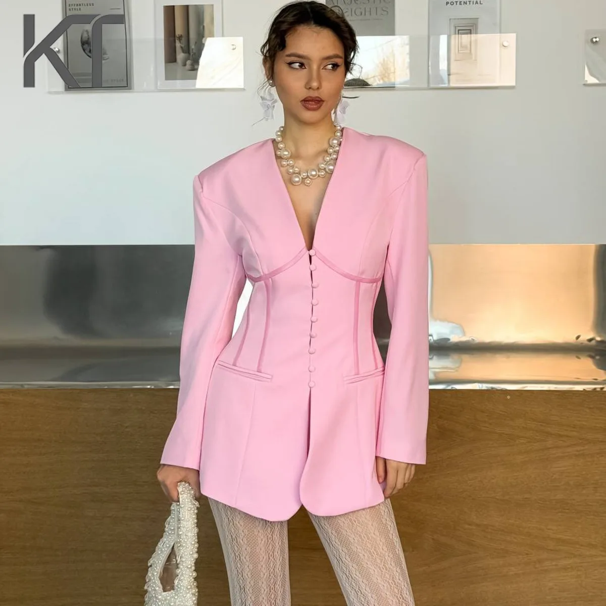 

KT 2026 Trendy Women's Pink Corset Blazer Dress, Deep V-Neck Hourglass Waist Tailored Jacket, Elegant Feminine Style Party Date