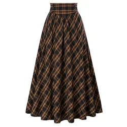 SD Women Victorian Skirt Plaid Maxi Tartan High Waist A-Line Skirts Renaissance Maxi Skirt Elastic Swing Skirts A30