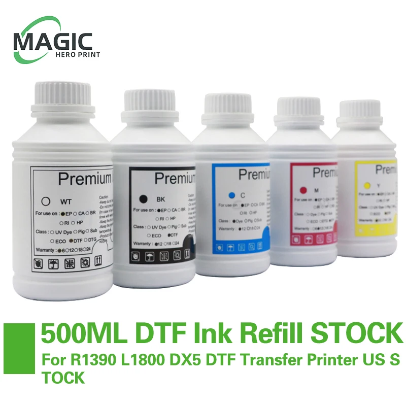 Recarga de tinta DTF de 500ML para impresora de transferencia R1390 L1800 DX5 DTF, disponible en EE. UU.