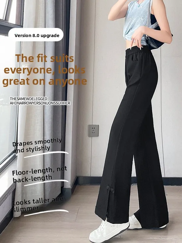 Linen Ice Silk Women's Summer Thin New Chinese Style High Waist Micro Flared Pants Casual Trousers Simple Design Pocket Detail