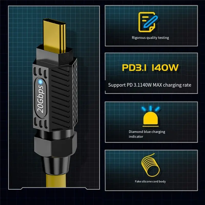 AED6-PD 140 واط الربط كابل بيانات شحن سريع 20 جيجابت في الثانية 8K HD C إلى C كابل الربيع نوع C سلك موسع قابل للتطوير