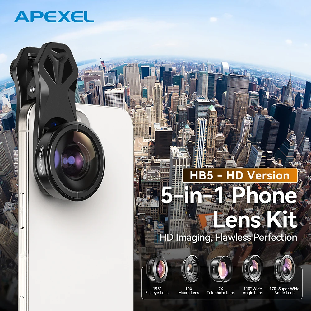 

APEXEL 5-in-1 Universal Phone Lens Kit with HD Fisheye Macro Wide-angle and 2X telephoto Telescope Lens for Smartphones