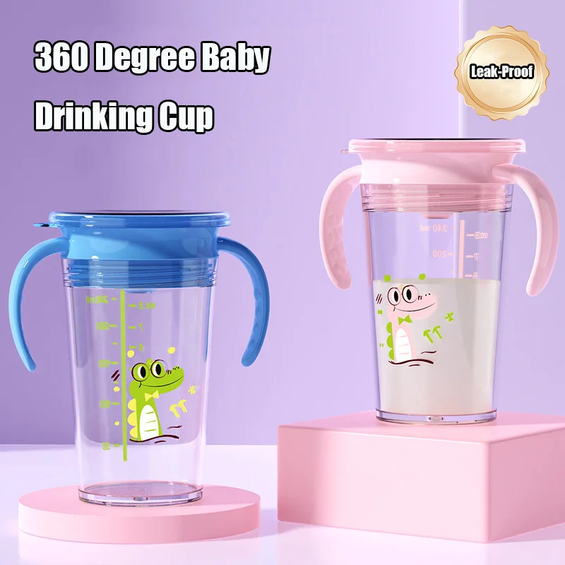 Upgrade Spoutless 360 Degree Baby Drinking Cups With Handle 240ml Silicone Rim Transition Cup Toddler Leak-proof Water Bottles