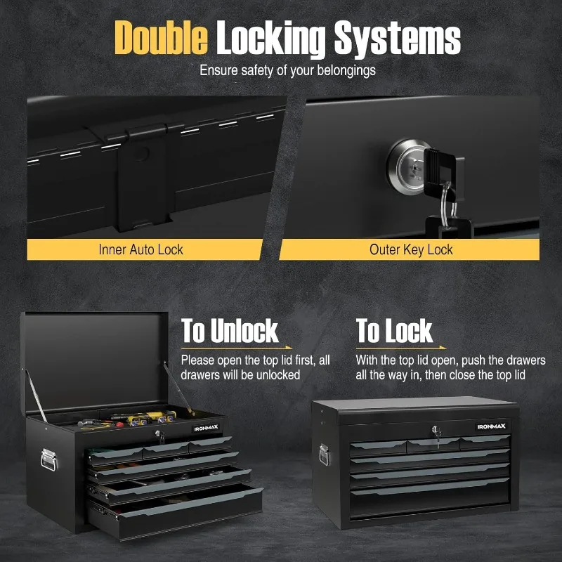 صندوق أدوات فولاذي، صندوق أدوات معدني مقاس 24 بوصة مع 6 أدراج، صندوق أدوات تخزين خزانة الصدر شديدة التحمل قابل للقفل للمرآب، ورشة عمل، #6